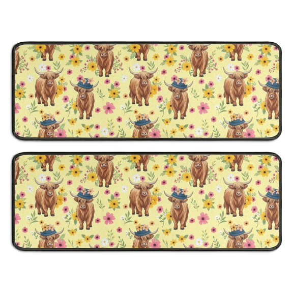 Highland Cow and Hat Print Anti Fatigue Kitchen Rugs Set Of 2, Non Slip Washable Decorative Floor Mats for Sink Laundry and Home Use, 17"x47"