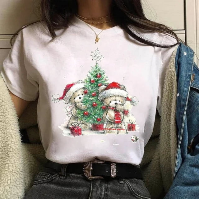 Camiseta con estampado de árbol de Navidad para mujer, ropa femenina de cuello redondo, Top de Modal de manga corta, regalo de Feliz Navidad