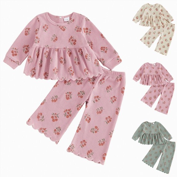 Vedolay Toddler Girl Fall Winter Clothes Waffle Knit Outfits Floral Long Sleeve Scalloped Shirt Pants Baby Kids Clothing Set 2-3 Years
