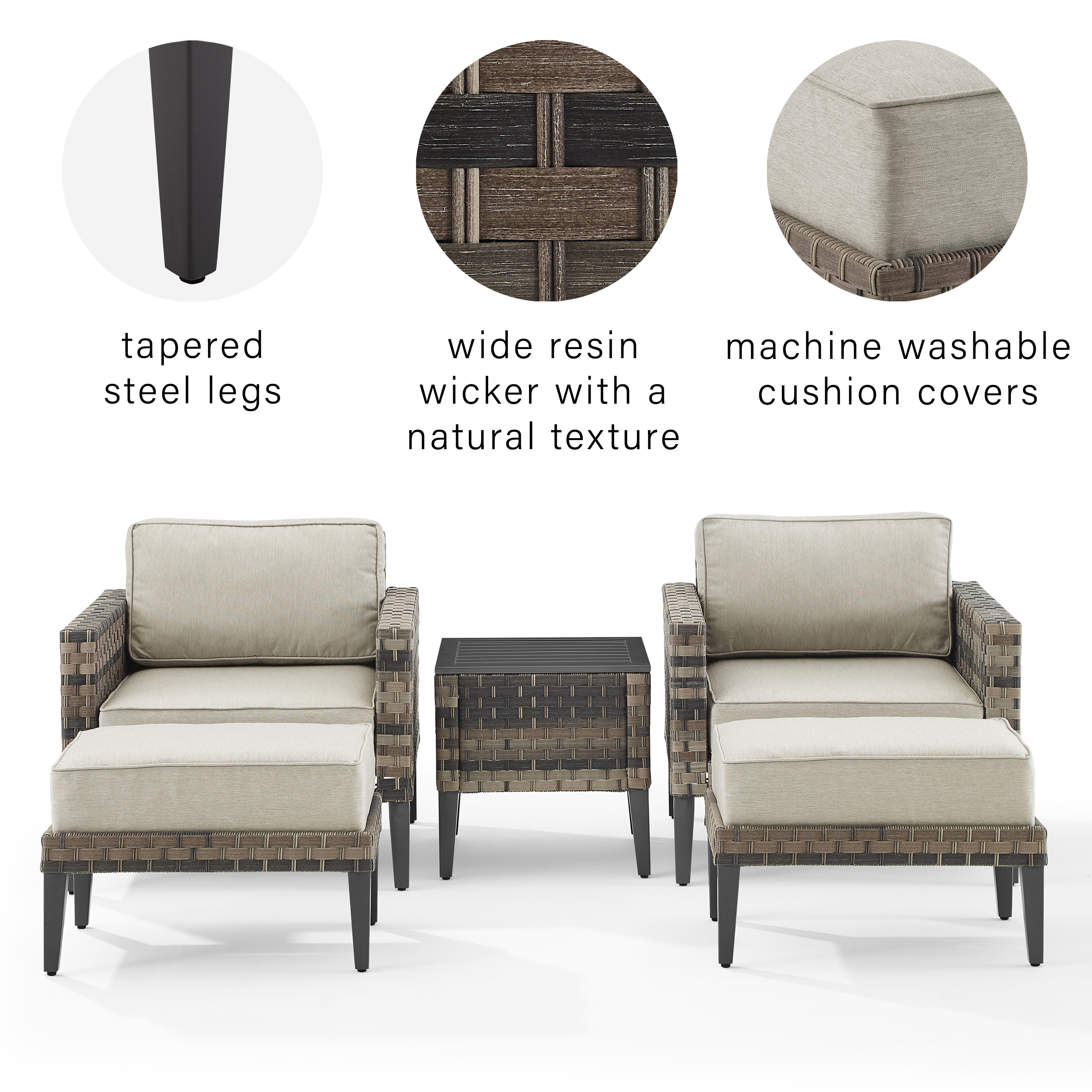 Crosley Furniture Prescott 5Pc Outdoor Wicker Armchair Set Taupe/Brown - Side Table, 2 Armchairs, & 2 Ottomans - image 4 of 18