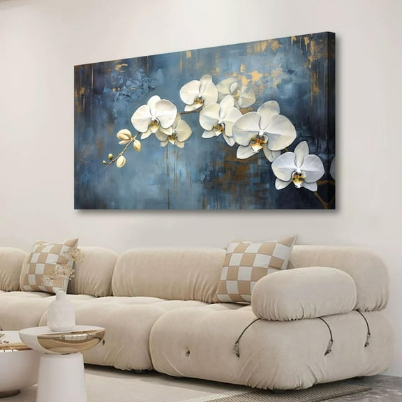 Aaheei Abstract White Butterfly Orchid Canvas Wall Art for Living room Office Bedroom Flowers Wall Art Print Oil Paintings Modern Blue Gold Rain Mist Pictures Wall Decor Artwork Ready to Hang