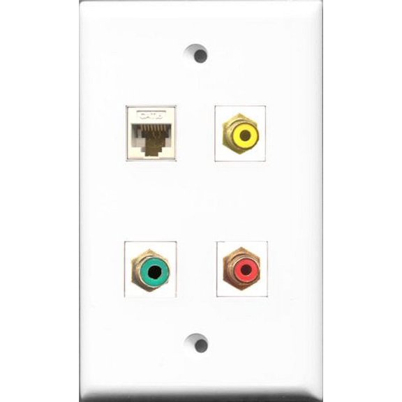 RiteAV 1 Port RCA Red and 1 Port RCA Yellow and 1 Port RCA Green and 1 Port Cat6 Ethernet White Wall Plate