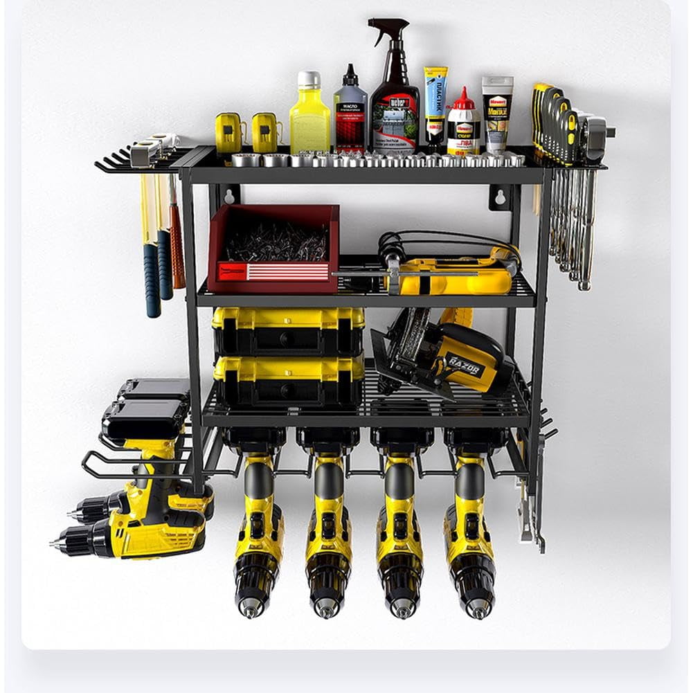 Power Tool Organizer 4 Layer Drill Holders Wall Mount Heavy Duty Metal Organizers and Storage Rack for Garage Organization Tools Shelves with Screwdriver Plier Hammer Holder