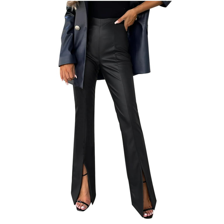 XFLWAM Women's Faux PU Leather High Waist Front Split Hem Flare Pants  Stretchy Bell Bottom Pants with Pockets Black M