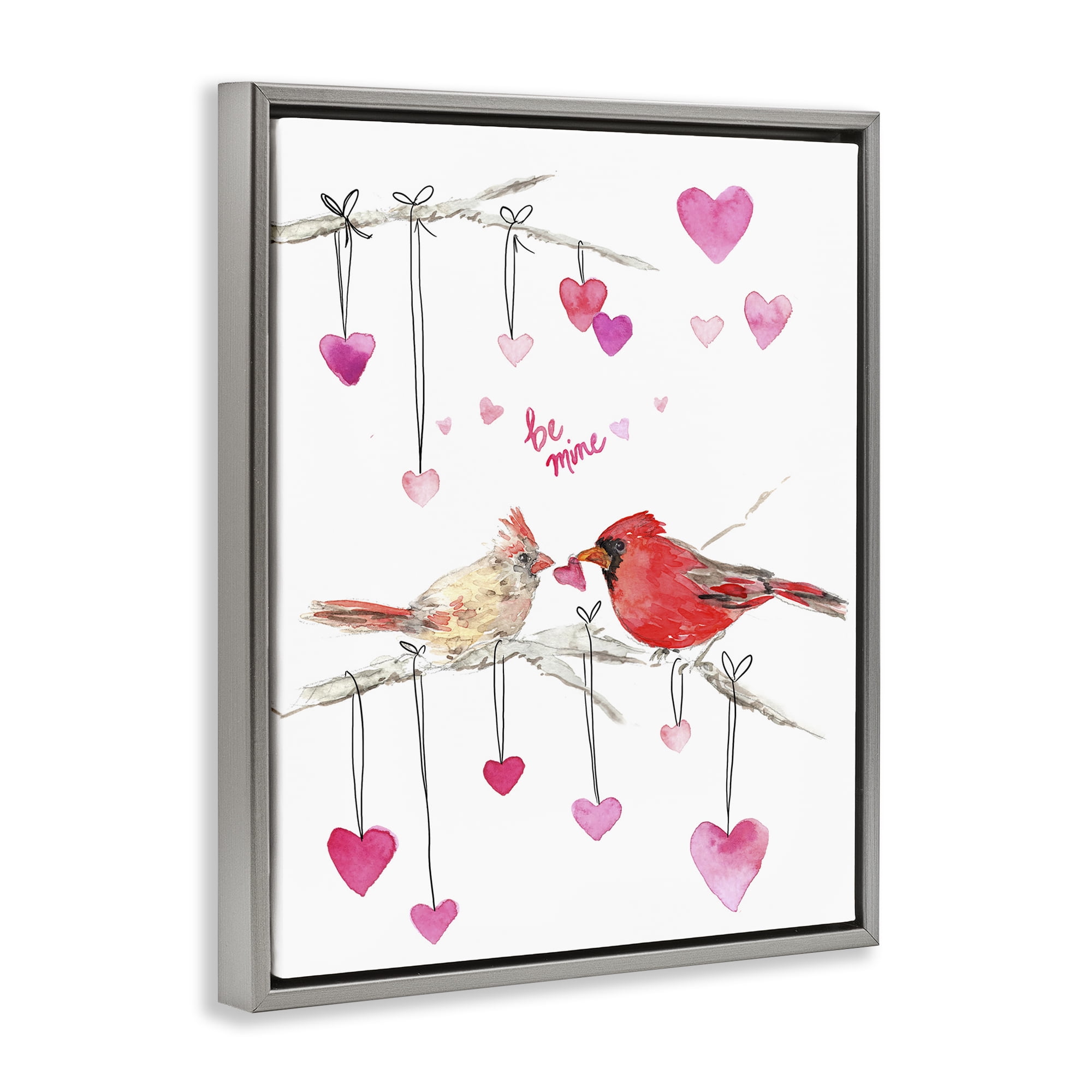 Stupell Industries Be Mine Cardinals Holiday Painting Gray Floater Framed Art Print Wall Art, 17 x 21