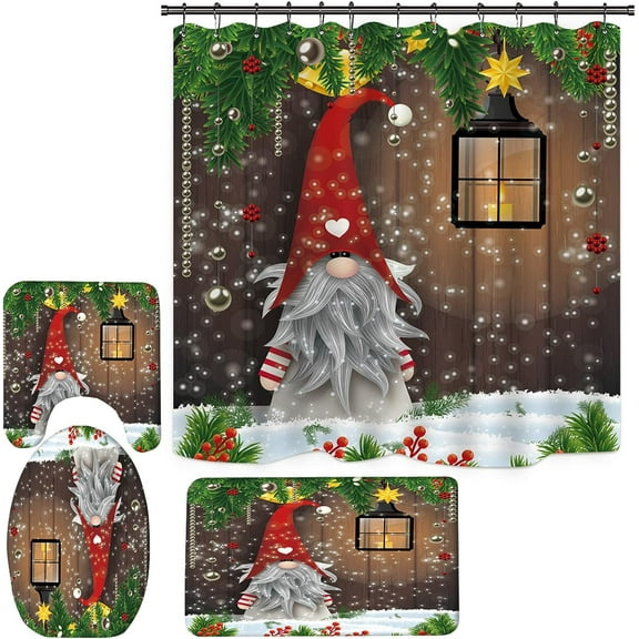 Christmas Fireplace Shower Curtain Set for Bathroom, Christmas Bathroom Sets with Shower Curtain and Rugs, Farmhouse Christmas Eve Stocking Shower Curtain Set (G4)