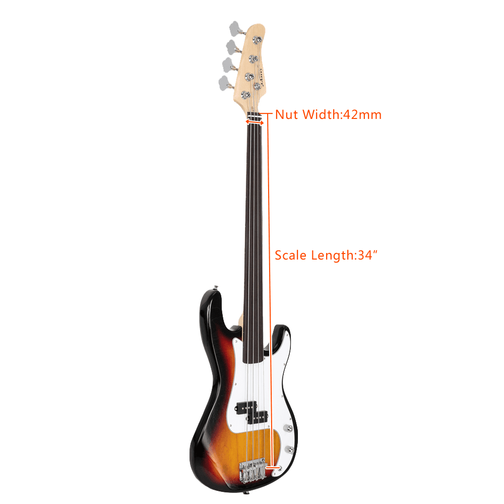 Tcbosik 4 String Fretless Electric Bass with Bag, Full Size Guitar with Strap, Plectrum and Spanner Tool for Beginner Advanced, Sunset Color