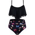 thumbnail image 2 of Women High Waisted Bikini Ruffle Swimsuit Flounce Pom Pom Trim Two Piece Bathing Suit Black Butterfly (S, 2 of 6