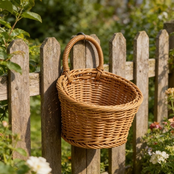 FSAGAE Wall Mounted Wicker Basket Large 17x17x15 cm Brown Imitation Vine Hanging Organizer for Garlic Fruits and Vegetables`