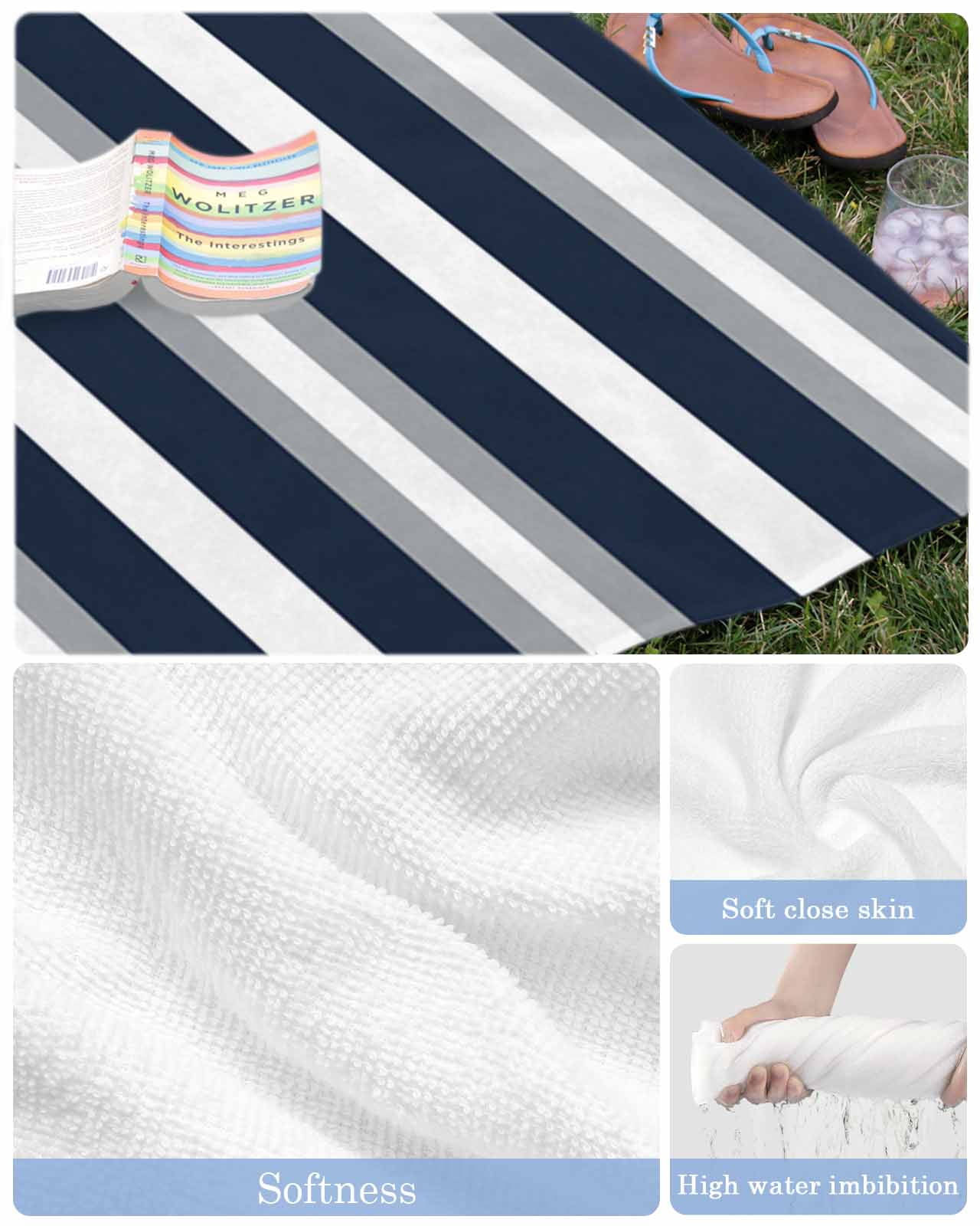 Navy Blue Grey Striped Beach Towels Oversized Super Absorbent, Farmhouse Stripes Minimalist Lightweight Bath Towel Quick Dry Sets For Bathroom/Pool/Rv Camping/Beach Play/Gym Room/Picnic 23"x47"