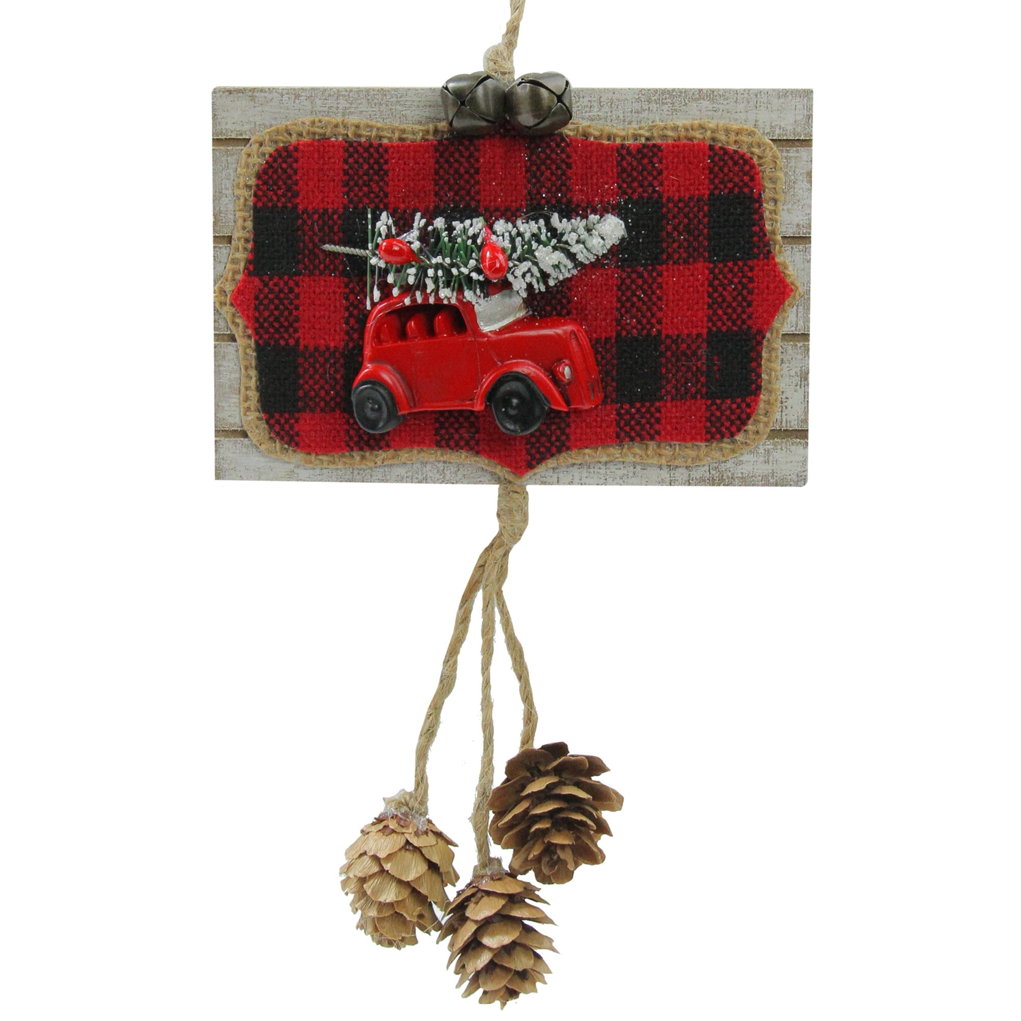 Red and Black Plaid Wooden Door Sign with Red Car and Pine Cones Christmas Ornament 4.75"
