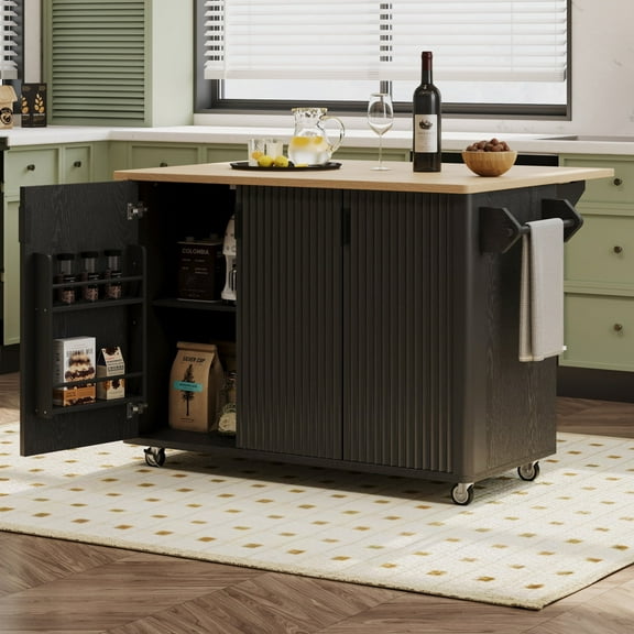 Kitchen Island On Wheels, Rolling Kitchen Island Cart with Drop Leaf Countertop, Portable Trolley Island with Storage Cabinet and Tower Rack for Kitchen, Black