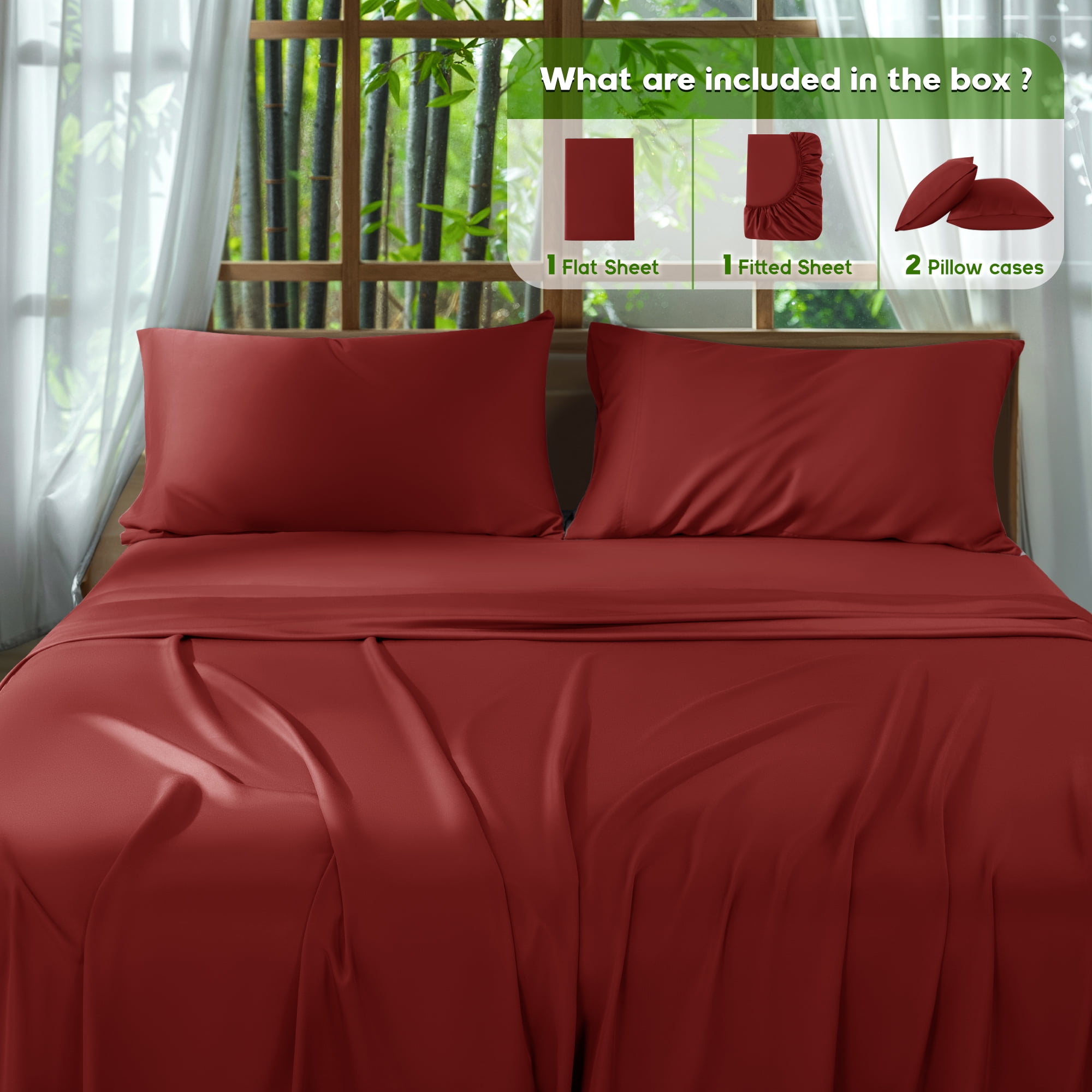 Sonoro Kate Luxury Cooling Bamboo Bed Sheet Set - Deep Pockets - 4 Piece, Queen, Burgundy