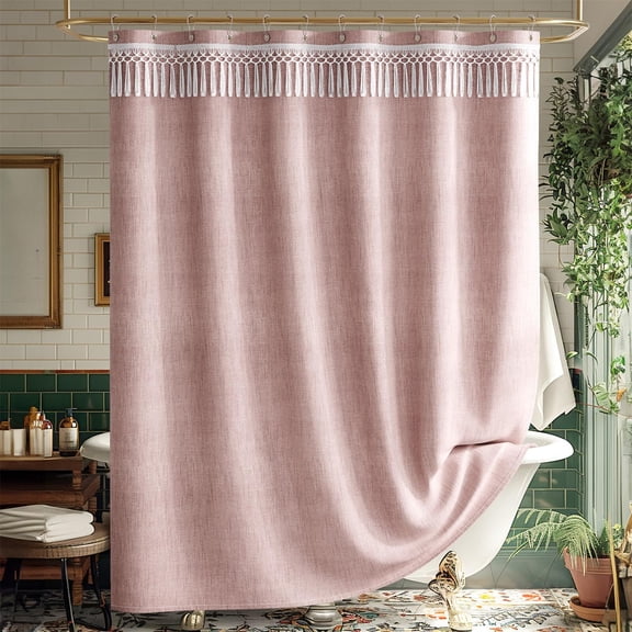 Bathway Pink Boho Shower Curtains for Bathroom, Farmhouse Shower Curtain with Top Tassels, Pink Shower Curtain Set, Faux Linen Fabric Shower Curtain with 12 Hooks, Hotel Quality, 72x72 Inches