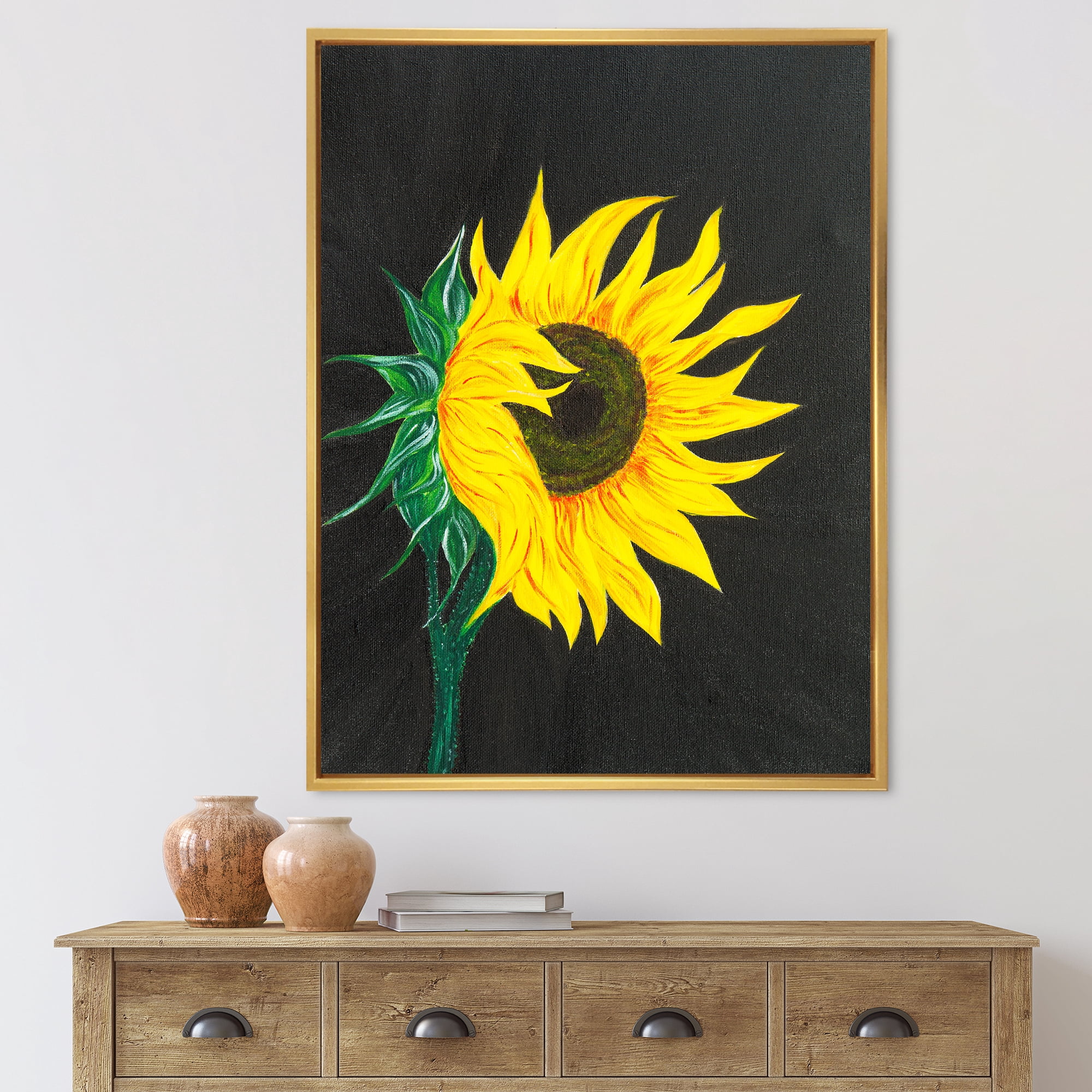 Designart 'Yellow Sunflower On Black' Traditional Framed Canvas Wall Art Print