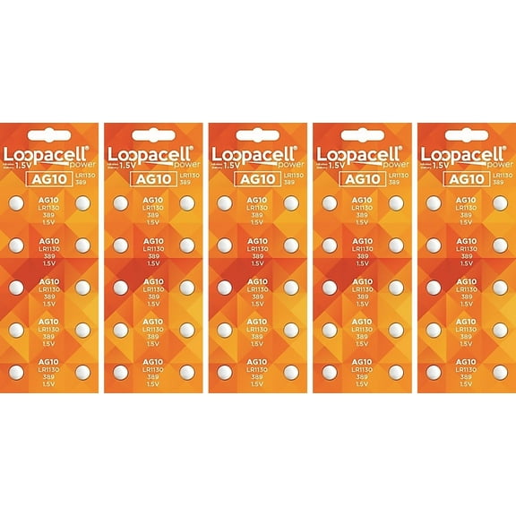 (50) AG10 Watch Batteries - LR1130, SR1130SW, 389, 189 By LOOPACELL