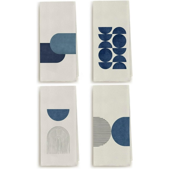 Modern Mid Century Blue Art Kitchen Hand Dish Towels 18×26 Inches Scandinavian Minimalistic Decorative Hand Tea Towel for Bathroom Kitchen Home Cooking Baking Cleaning Gifts, Set of 4