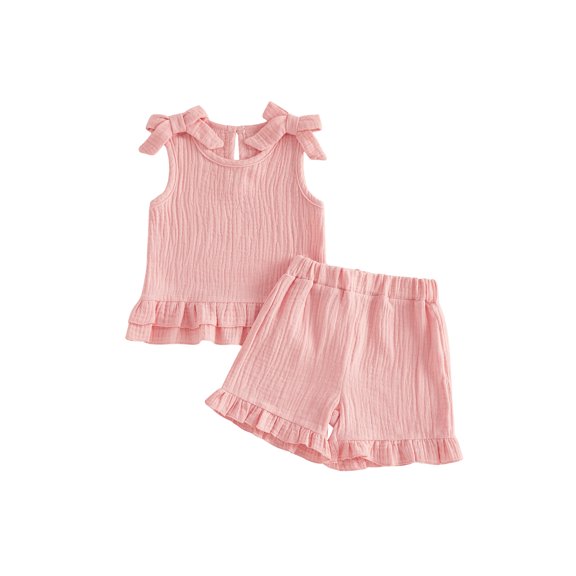 BemeyourBBs Toddler Girls Summer Clothes Cute Infant Baby Girl Summer 2 Piece Outfit 6 12 18 24 Months 2 3 4 Years Shoulder Bows Sleeveless Ruffled Tank Top and Shorts Set