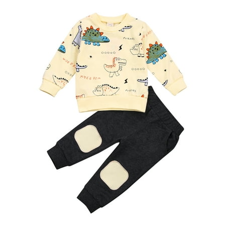 

Toddler Baby Boy Outfits Long Sleeve Cartoon Dinosaur Printed Pullover Patched Sweatpants Tracksuit 2PCS
