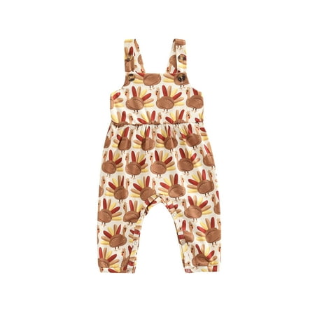 

Gureui Infant Toddler BabyThanksgiving Overalls Casual Sleeveless Cartoon Turkey Print Jumpsuit Snap Closure Bib Pants for Boys Girls
