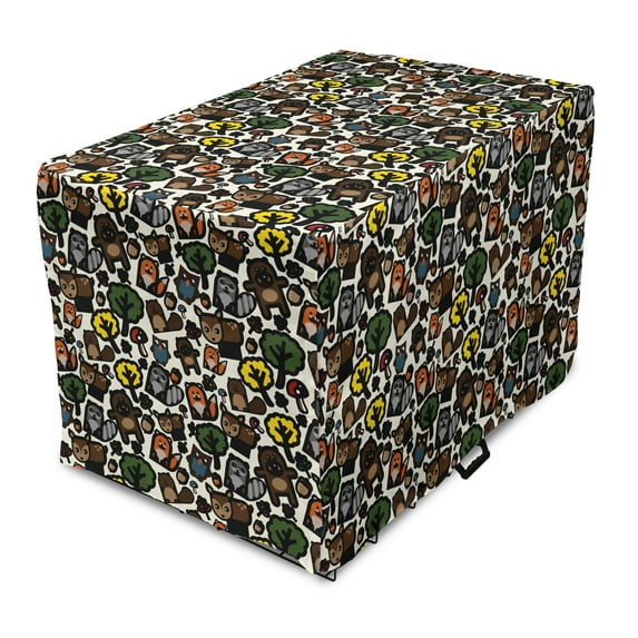 Woodsy Dog Crate Cover, Cartoon Style Woodland Creatures with Trees Plants Funny 's Pattern, Easy to Use Pet Kennel Cover Small Dogs Puppies Kittens, 7 Sizes, Multicolor, by Ambesonne