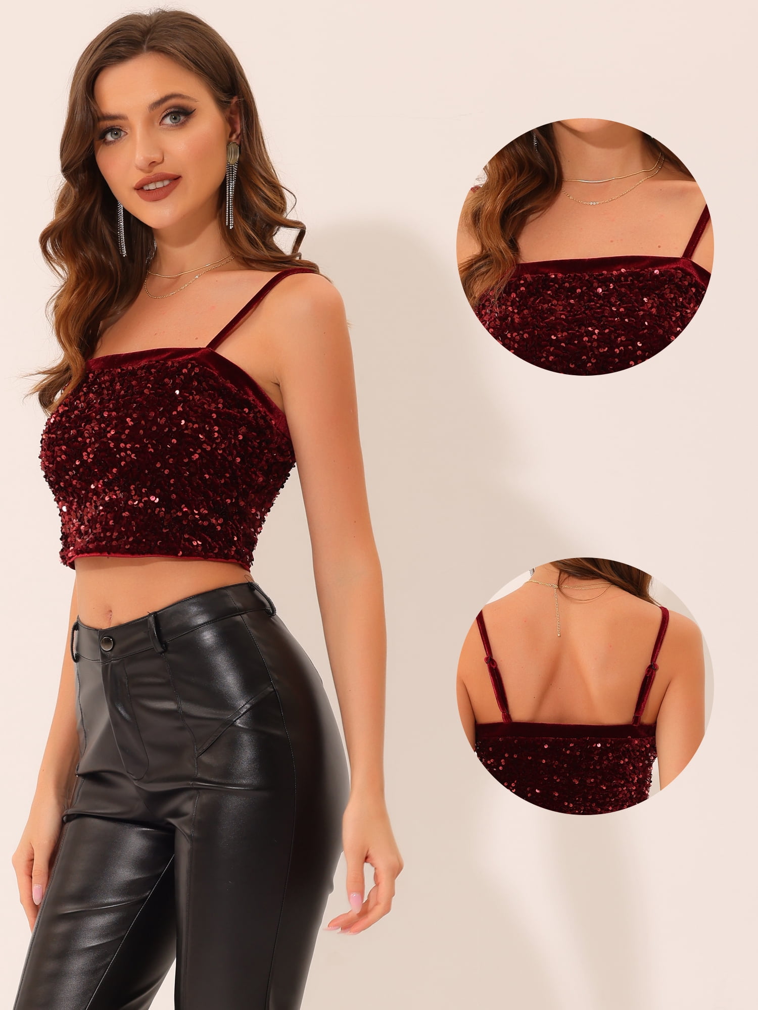 DARING DIVA Women's Velvet Spaghetti Strap Glitter Sequin Cami Top L Burgundy