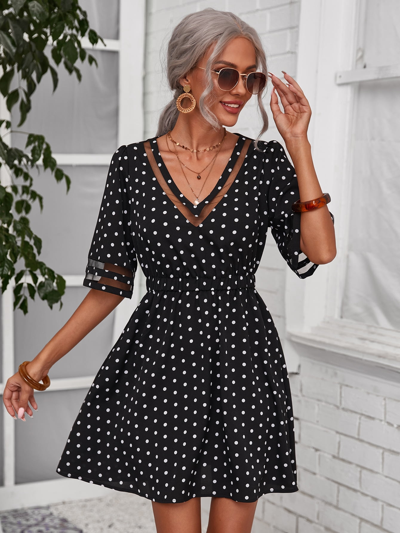 Mesh Insert Polka Dot Dress 2022 