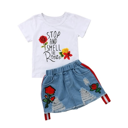 

Toddler Kids Girls Letter Rose Floral T-Shirt + Overalls Denim Skirt Summer Clothes 2Pcs Outfits