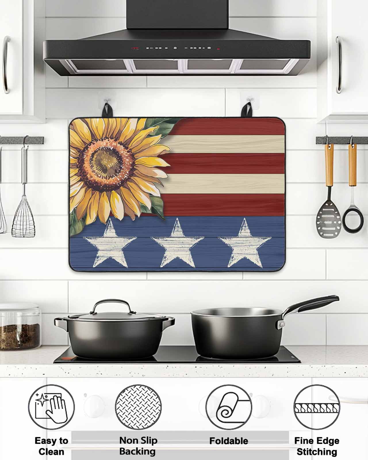 Stove Top Covers for Electric Stove, Sunflower America Flag Glass Stovetop Cover Protector, Farmhouse Retro US Flag Induction Cooktop Protector Oven Mat for Kitchen Countertop 24"x21"
