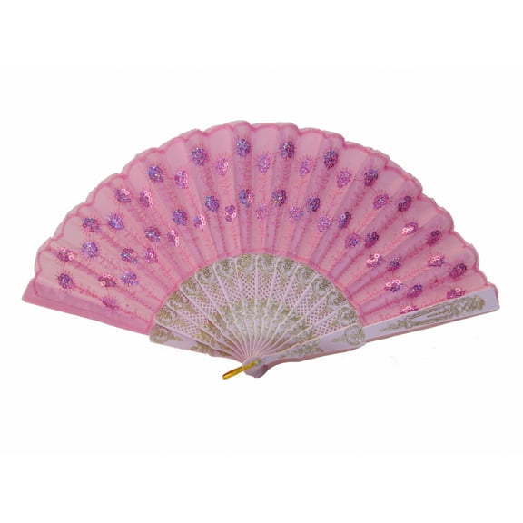 Colorful Peacock Pattern Sequin Fabric Hand Fan-pink