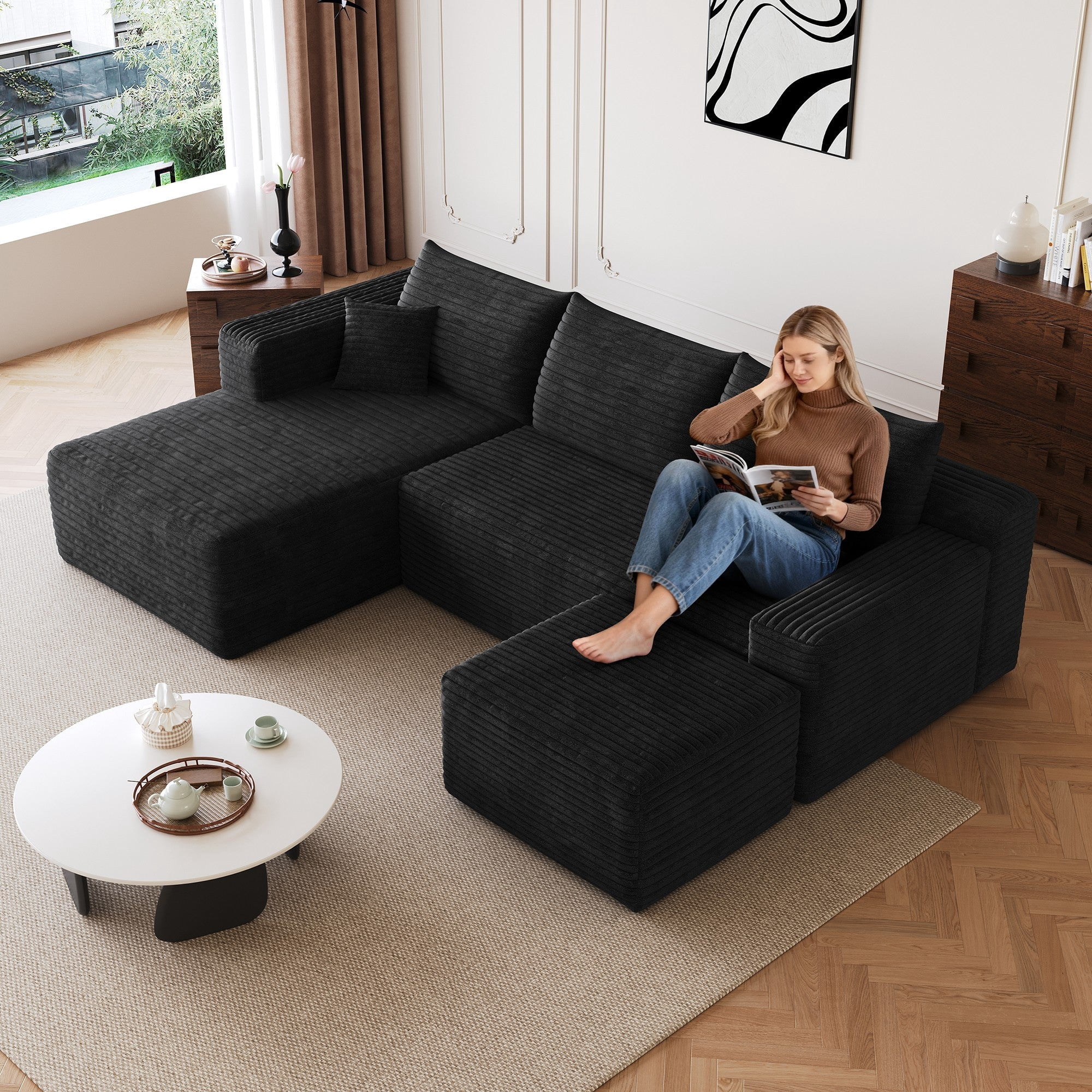 Sailvan 95" Cloud Sectional Sofa,No Assembly Required Modular U Shaped Couch,Plush Corduroy Upholstered Deep Seat Sofa for Living Room Black Left