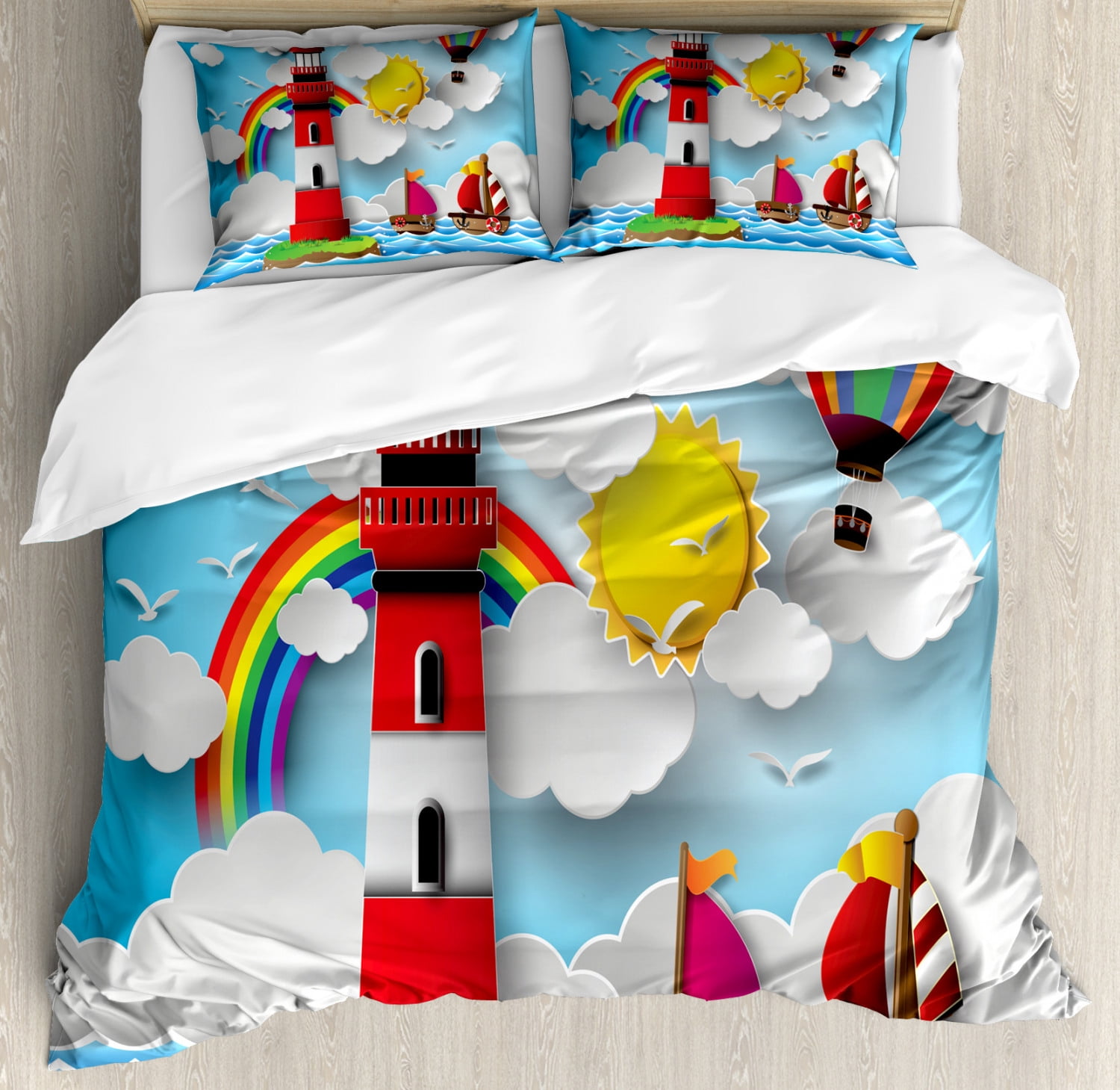 Lighthouse Queen Size Duvet Cover Set, Kids Coast with Sailboats Sun Rainbow Hot Air Balloon