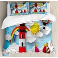 thumbnail image 1 of Lighthouse Queen Size Duvet Cover Set, Kids Coast with Sailboats Sun Rainbow Hot Air Balloon Clouds Playroom Cartoon, Decorative 3 Piece Bedding Set with 2 Pillow Shams, Multicolor, by Ambesonne, 1 of 3