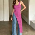 thumbnail image 4 of Women's Crew Neck Sleeveless Long Tank Top Solid Color Asymmetric Slit Hem Slim Fit Casual Summer Cami Vest Hot Pink, 4 of 7