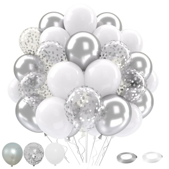 White and Silver Balloons Set, 50 pcs 12 inch Metallic Silver White Silver Confetti Latex Balloons Kit for Birthday Wedding Anniversary Baby Shower Party Decorations