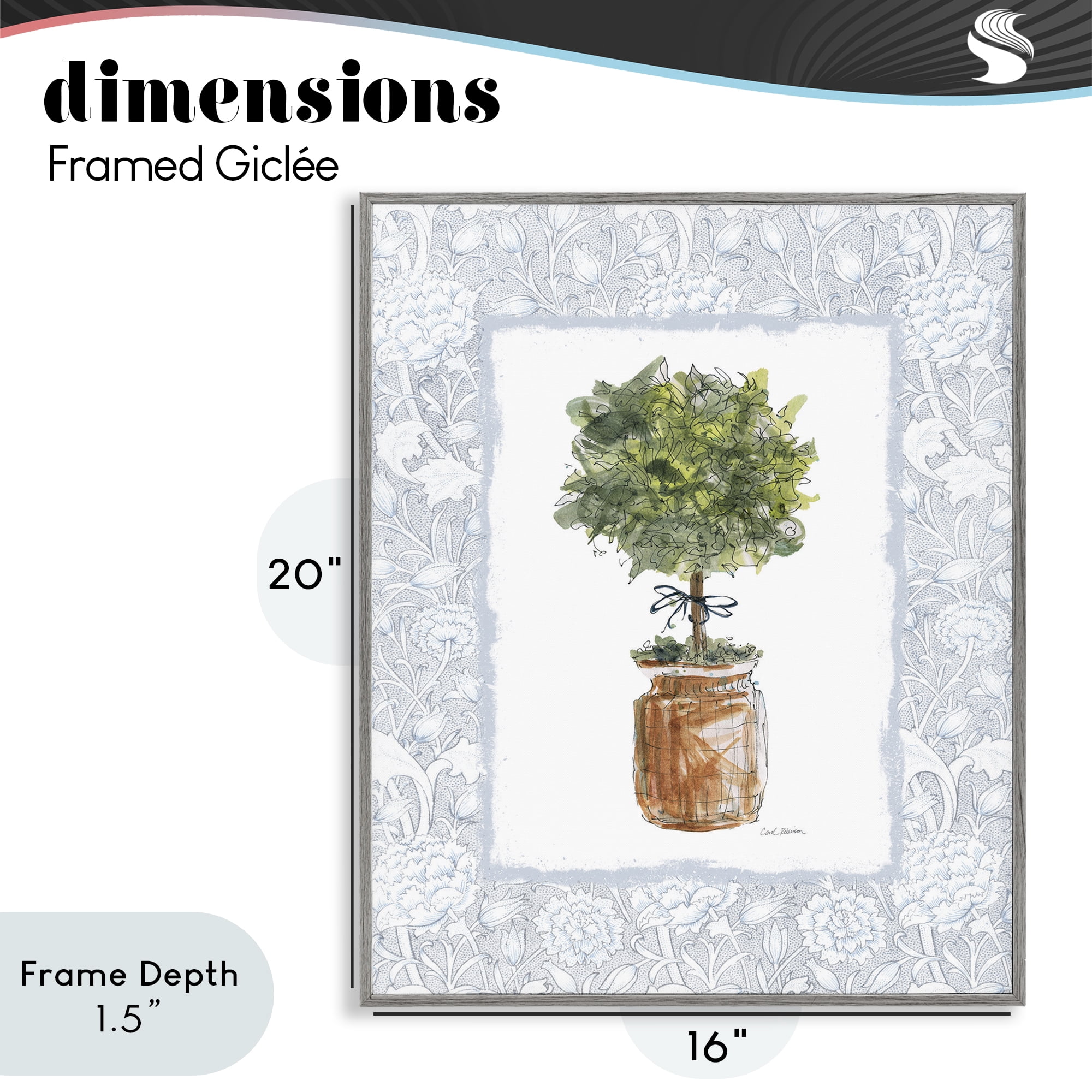 Stupell Industries Potted Topiary with Ribbon Gray Framed Giclee Art, design by Carol Robinson