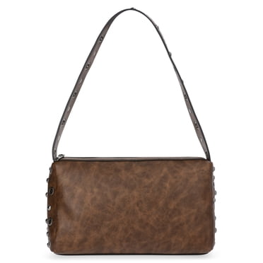 No Boundaries Women's Faux Leather Studded Moto Shoulder Bag, Brown