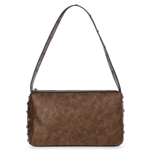 No Boundaries Women's Faux Leather Studded Moto Shoulder Bag, Brown