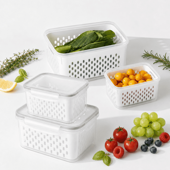 2-Piece Produce Saver Containers for Fridge with Lids, Removable Colanders for Fruits, Vegetables, Berries, and Meat to Stay Fresh Longer