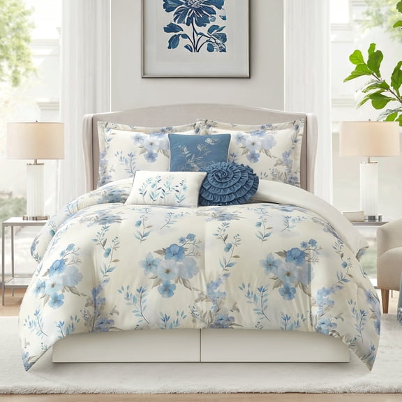 Nanshing Home Floral Printed 7 Piece Blue Comforter Set, King Size, All Season Bedding, Matching Pillows, Shams, Bed Skirt