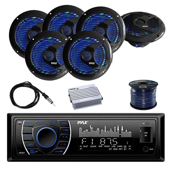 PYLE PLRMR27BTB Marine BT Receiver with Pyle 6.5'' WP Marine SPKR w/Built-in Multi-Color LED lights(3-Pairs), Pyle 4-Chan 400W WP Marine Amp, Enrock Marine Antenna & Enrock Marine 50' 16G SPKR Wire