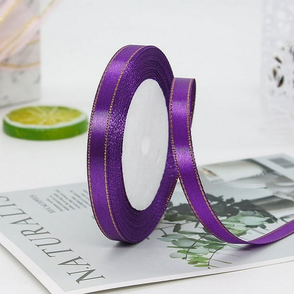 Purple Satin Ribbon with Gold Edge, 3/8” Polyester Continuous Ribbon -25 Yards,Wide Ribbon for Gift Wrapping,Wedding,Bows Bouquet,Floral Arrangement and Craft