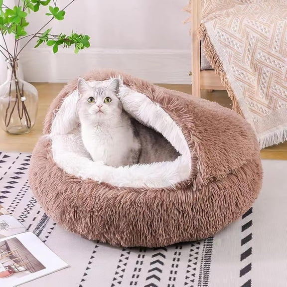 Lanola Cat Bed Round Fluffy Hooded Cat Bed Cave, Anti-Anxiety Cave Bed with Hooded Blanket, Cozy Cuddler Luxury Puppy Pet Bed, Anti-Slip Bottom and Machine Washable (Pink, Medium)