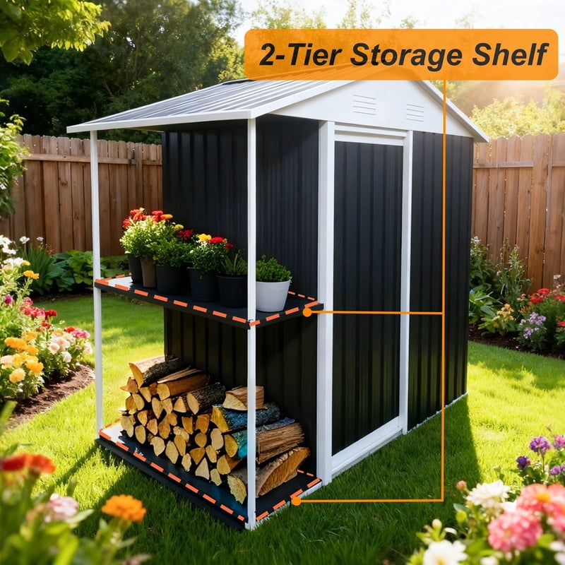 6x4 FT Outdoor Storage Shed with Rack, Bike Tool Storeroom with Vent, Metal Shelter with Roof for Lawn Backyard