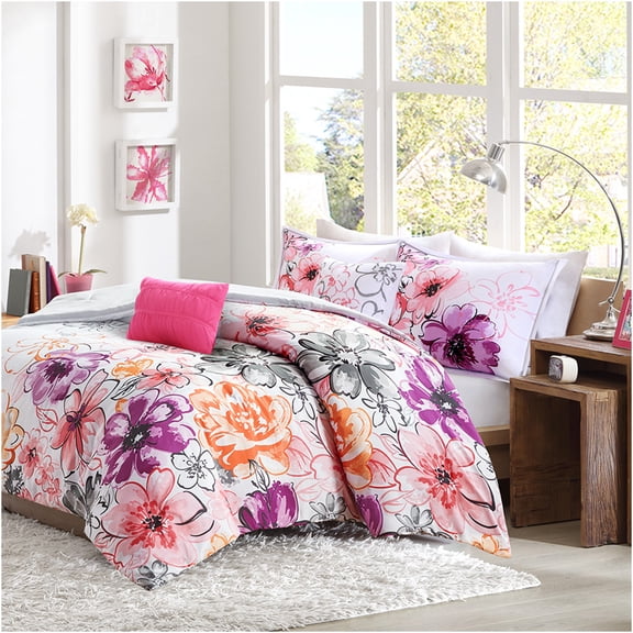 JERFIT Floral King Comforter Set, Pink Microfiber Bedding Set with Decorative Pillows, Anti-Microbial, Hypoallergenic, Easy Care