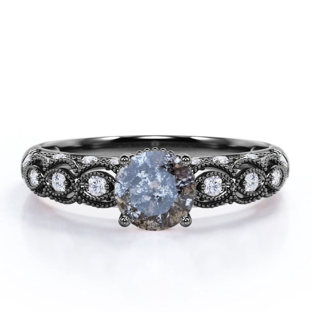 JeenMata Anillo de Compromiso Gótico de Inspiración Victoriana con Diamante Natural de Sal y Pimienta de Talla Redonda de 1,10 Quilates Tallado a Mano en Oro Negro de 18 K sobre Plata