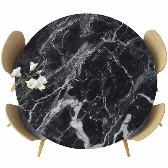 Black Marble Round Tablecloth, Fitted Table Cover with Elastic for 55"-60" Round Tables, Vintage Minimalism White Abstract Texture Table Cloth Outdoor Indoor Dinning Party Waterproof Tablecloths