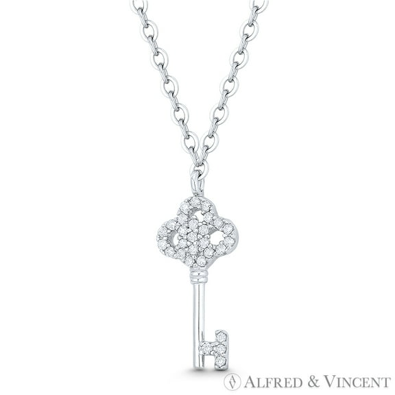 Skeleton Key Charm Trefoil Clover Bow CZ Crystal Pendant & Chain Necklace in .925 Sterling Silver w/ Rhodium