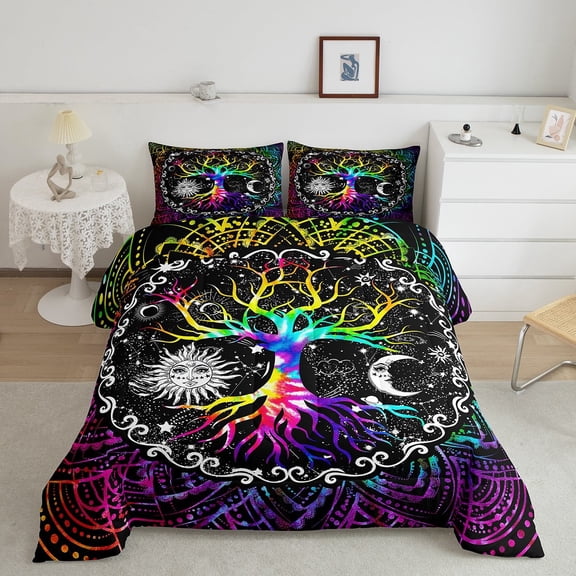Tree of Life Comforter Set Full Size,Colorful Sun and Moon Bedding Set for Men Women,Psychedelic Mandala Flowers Quilt Lightweight,Galaxy Stars Tribal Duvet Insert with 2 Pillow Shams Bedroom Decor