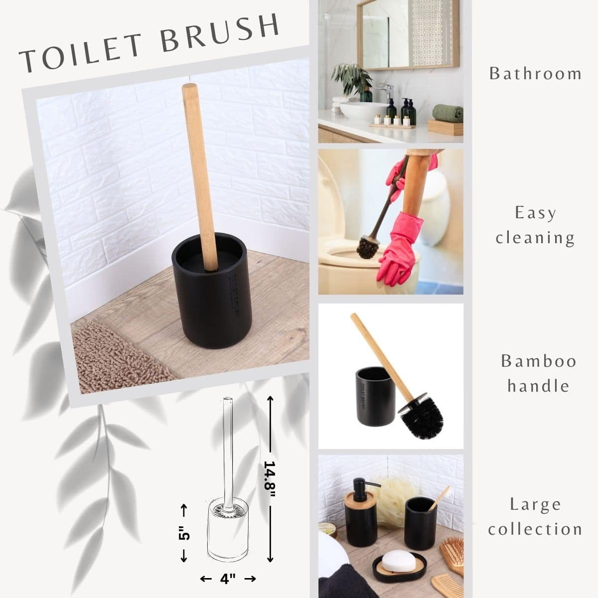 Sleek Matte Black Toilet Brush Holder with Bamboo Handle - Polyresin Bathroom Cleaning Tool Set